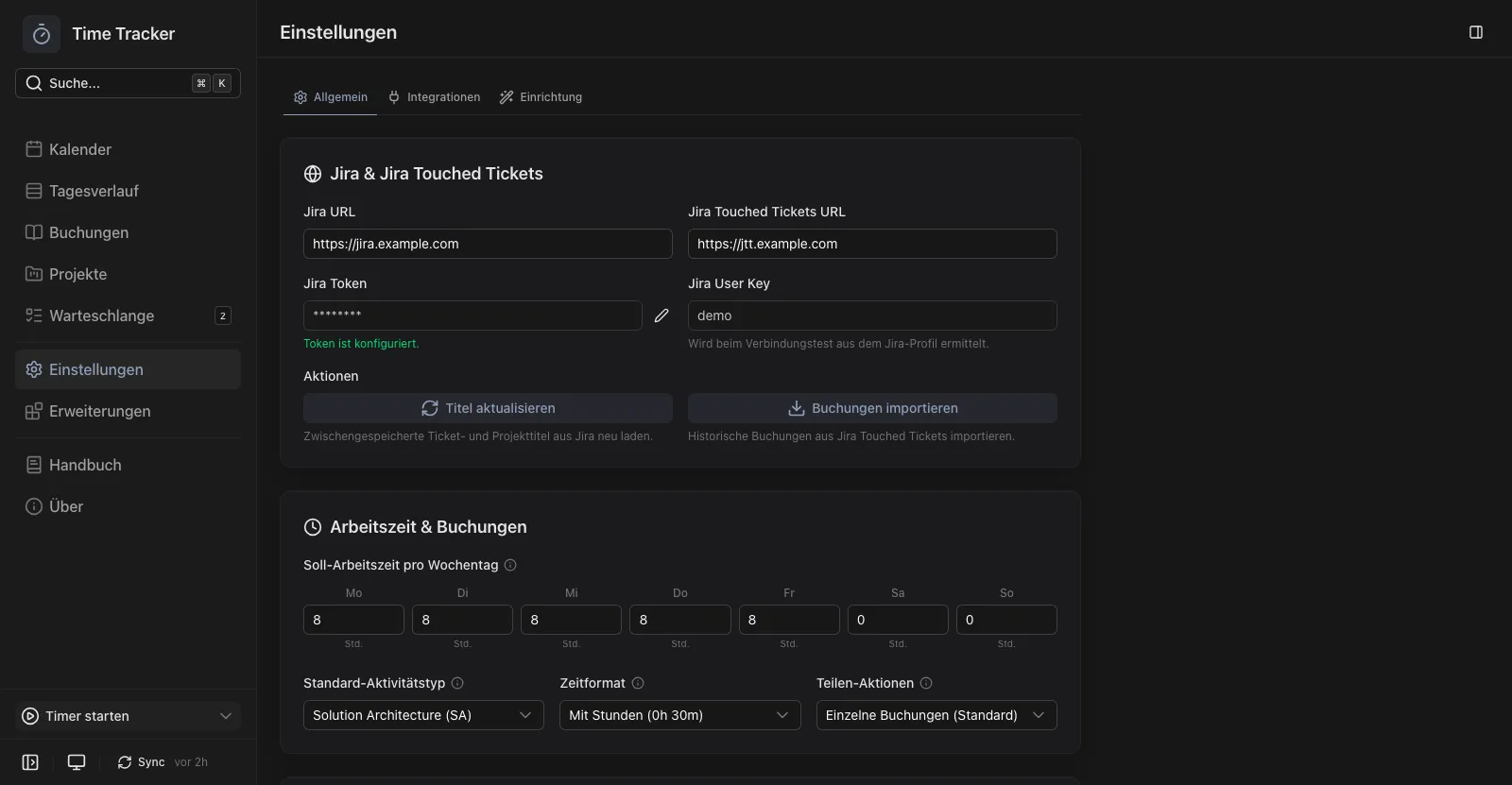 Einstellungsseite mit Jira-Konfiguration